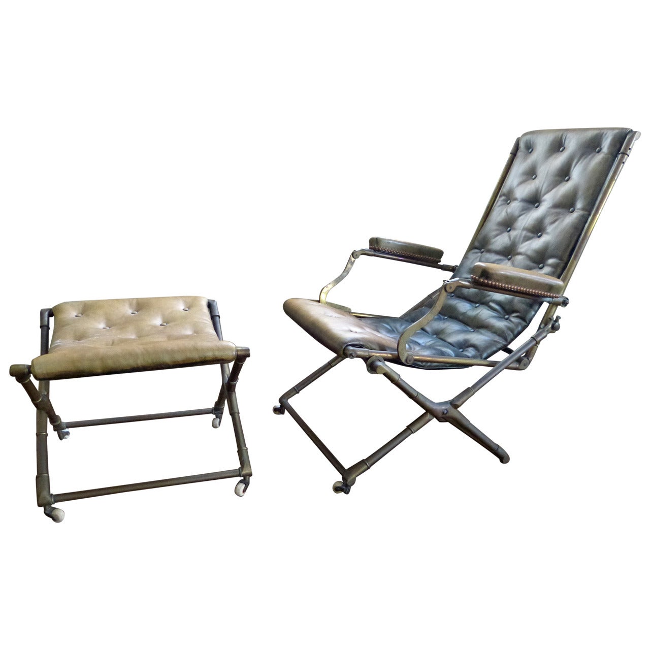 Folding Campaign Chair and Stool For Sale