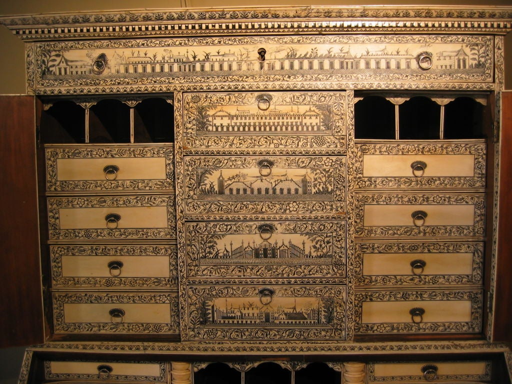 Neoclassical Anglo Indian Ivory Large Miniature  Bureau Cabinet Vizigapatam