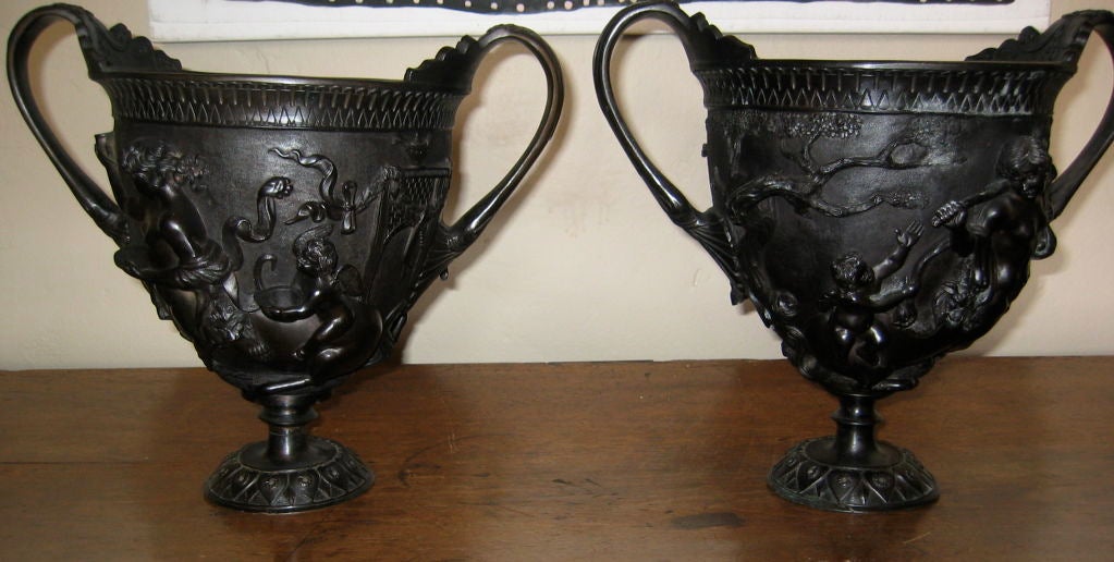 Grand Tour Pair of Bronze Urns in High Relief