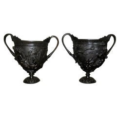 Grand Tour Pair of Bronze Urns in High Relief
