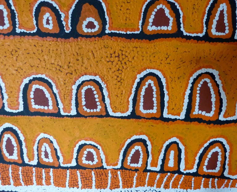 By: ALICE NAMPITJINPA (born 1945). Woman Artist. Untitled. Depicting body paint designs for Women's Ceremonies at the rockhole site of Ngutjulnga. The motifs show a number of rockholes and little sandhills on the edges of the painting. One of the