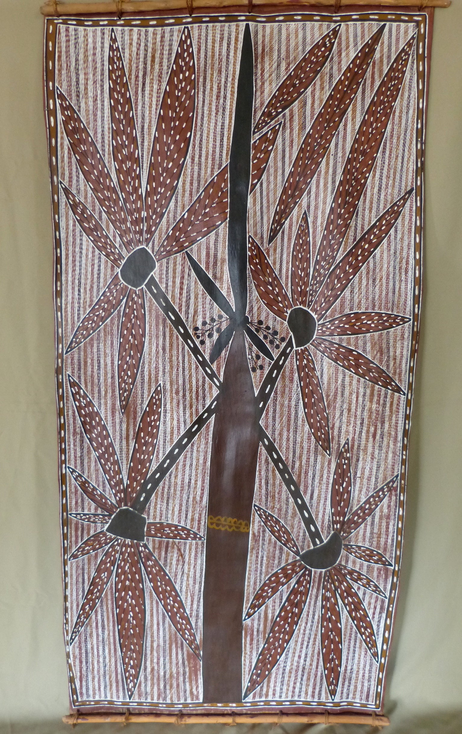 Australian Aboriginal Painting on Eucalyptus Bark by Lena Yarinkura For Sale