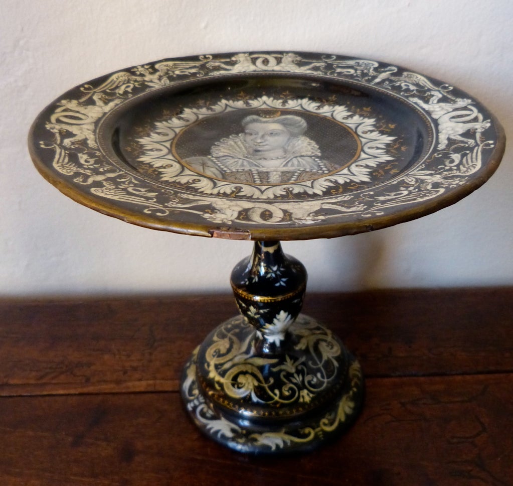 A fine French 19th century Limoges tazza or small platter in painted enamel depicting a Royal personage on baluster and decorated stem and base. Painted in the 16th century manner, circa 1870.