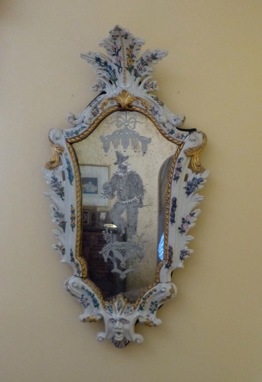 A fine Italian neoclassic porcelain and etched mirror plate, early 19th century from the Veneto area of Bassano del Grappa. The etching of one of the characters in the Commedia dell'arte, circa 1820.
