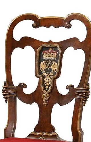 Rococo Pair of English George I style chairs with  Scarsdale Coat of Arms