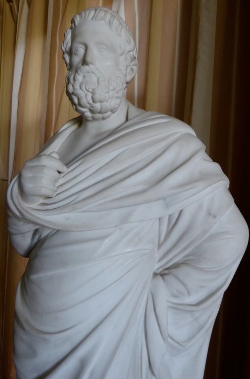 A fine quality Italian neoclassic 19th century Carrara marble sculpture ‘Lateran Sophocles,’ the original found at Terracina in 1839 and presented to Pope Gregory XVI then displayed in the Lateran Palace. The figure is now in the Museo