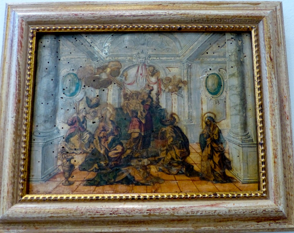 A rare Italian 18th century laca povera  (decoupage) painting of the Adoration of the Magi set in a whimsical Baroque church. 