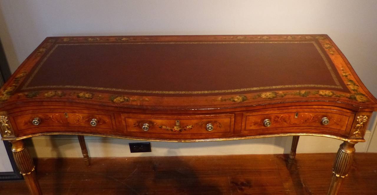 Neoclassical George III Satinwood Serpentine Shaped Painted Writing Table