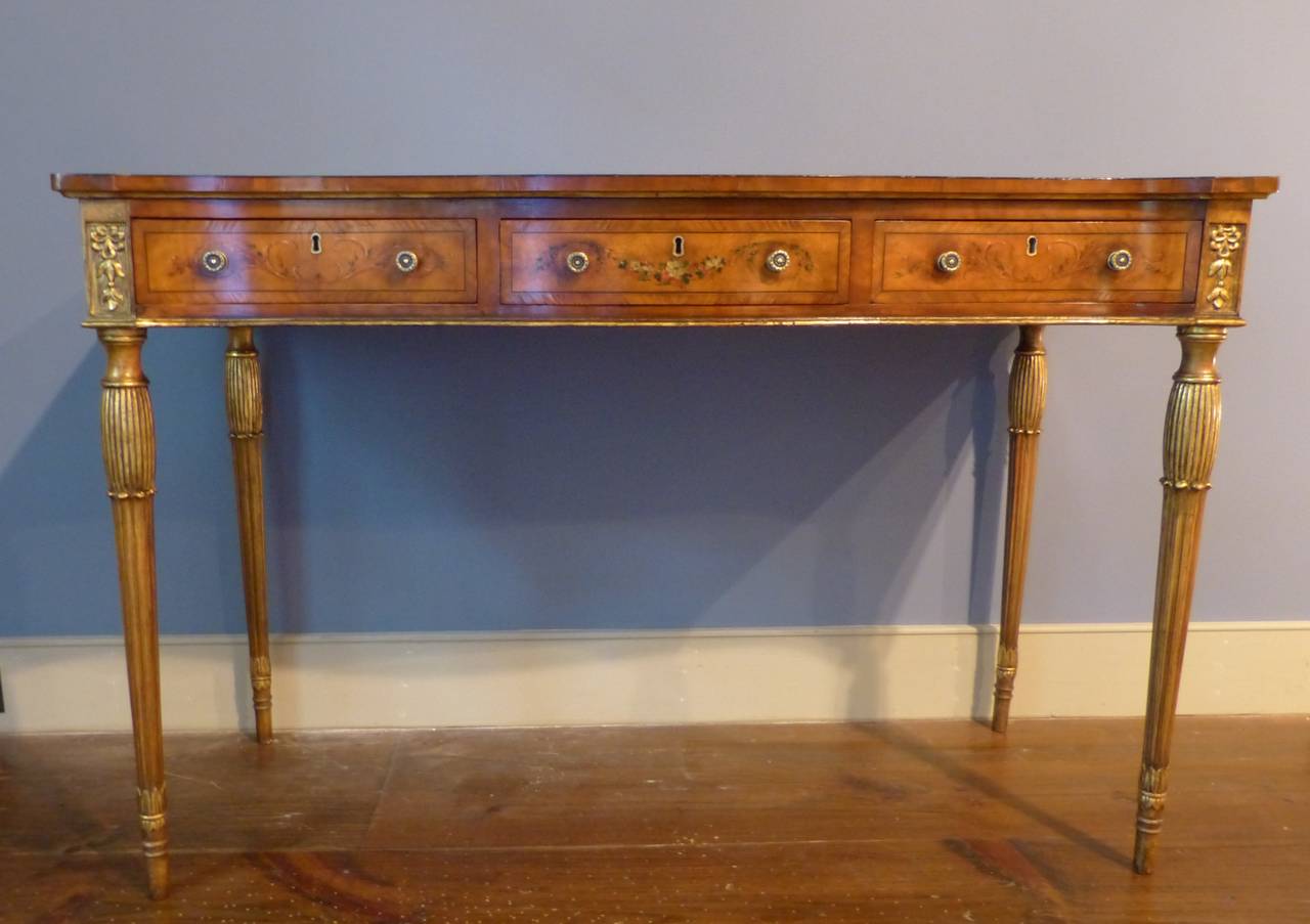 Late 18th Century George III Satinwood Serpentine Shaped Painted Writing Table