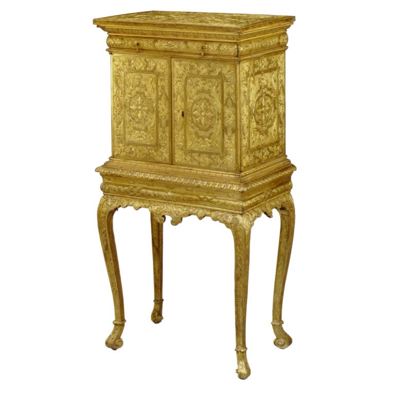 19th Century Gilt Jewelry Cabinet with fitted 17th Century Italian Interior
