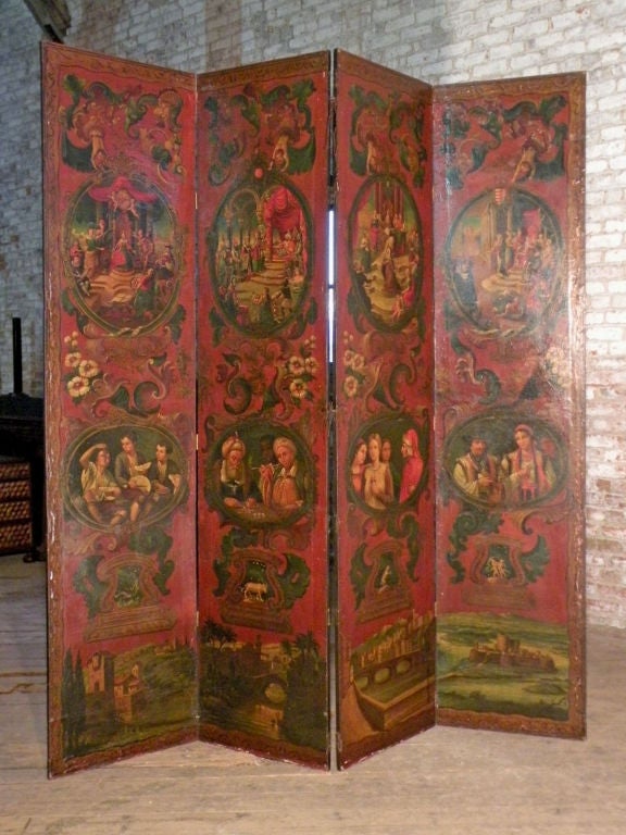 A very unique charmingly decorative double sided screen, painted oil on canvas, seemingly an oversized idea of the sketchbook or travelogue. One side of the screen shows an imaginary landscape, the reverse of the panels each depict a different