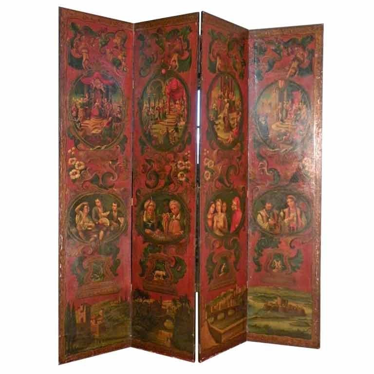 Painted Folk Art Four-Panel Floor Screen For Sale