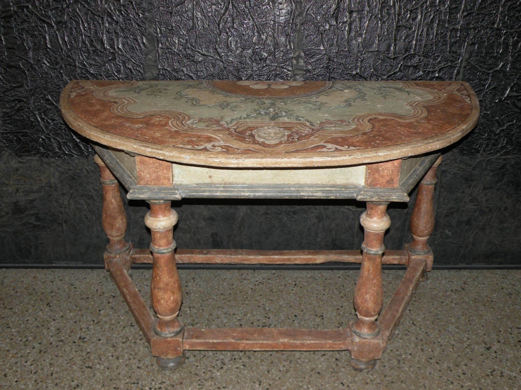 Pair of Italian 18th century Baroque Painted Demilune Console Tables In Good Condition For Sale In Troy, NY