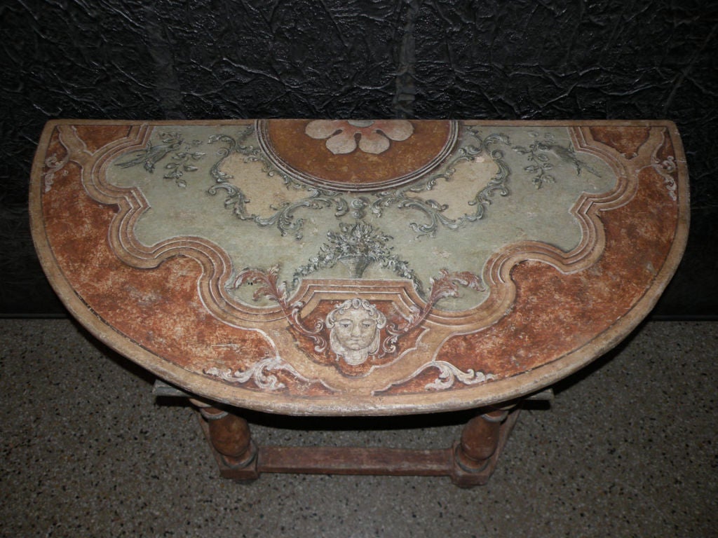 18th Century and Earlier Pair of Italian 18th century Baroque Painted Demilune Console Tables For Sale