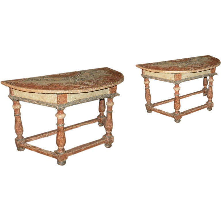 Pair of Italian 18th century Baroque Painted Demilune Console Tables For Sale