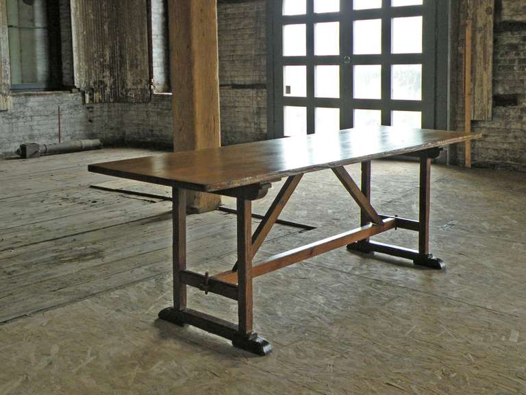 Conceptual and original harvest table. Its ingenious but simple construction of removable stretchers and fold-under legs give it a timeless, architectural quality.
Our pieces are left in lived-in condition, pending our custom conservation and