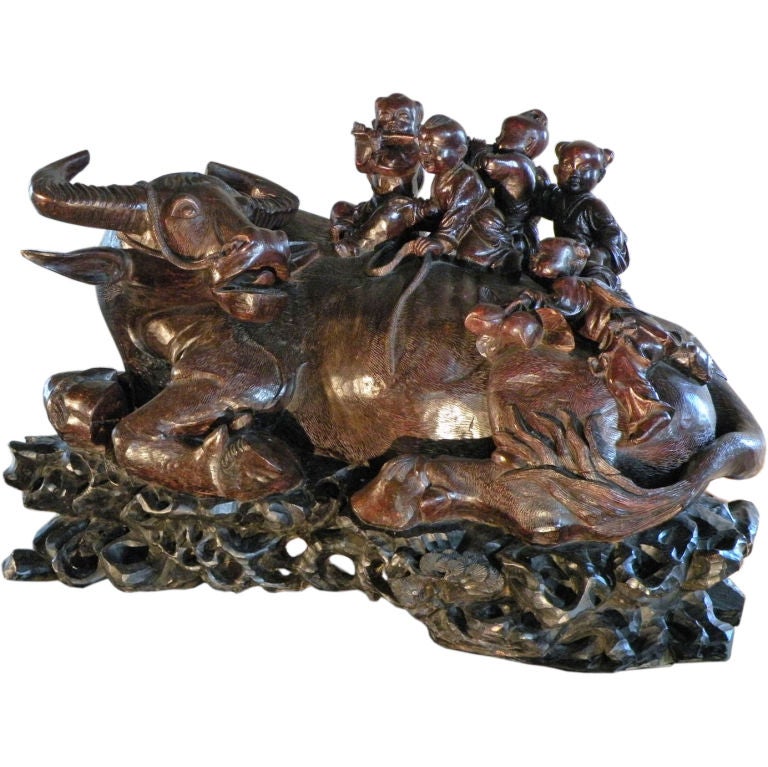 Monumental Early 20th century Chinese Hardwood Sculpture of a Buffalo For Sale