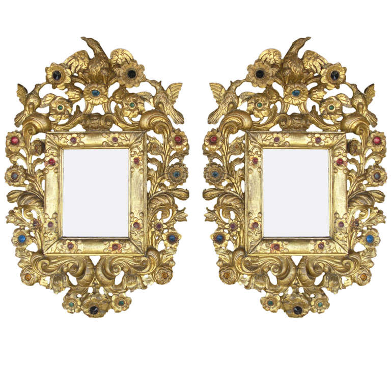 Pair of Spanish Colonial 18th century gilt and jeweled Mirrors