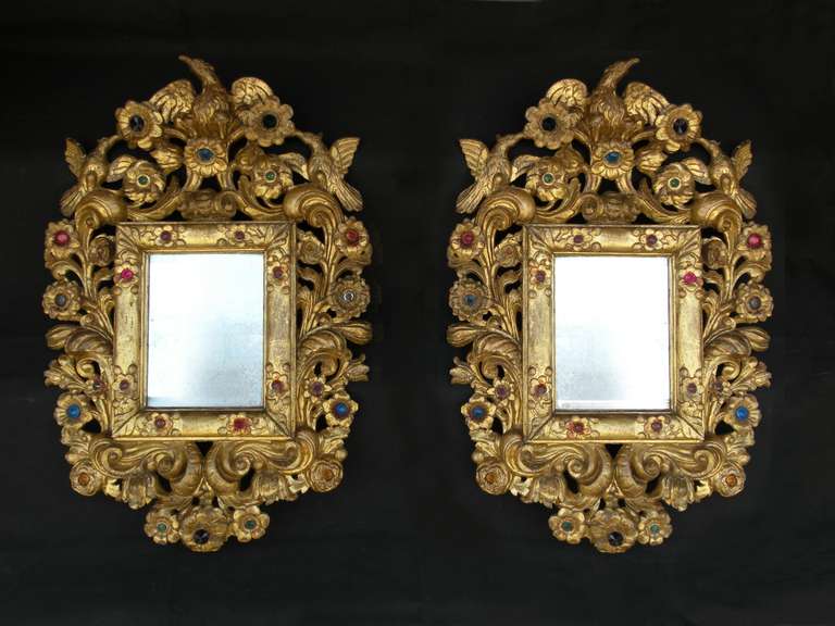Pair of Spanish Colonial 18th century gilt and jeweled Mirrors 2