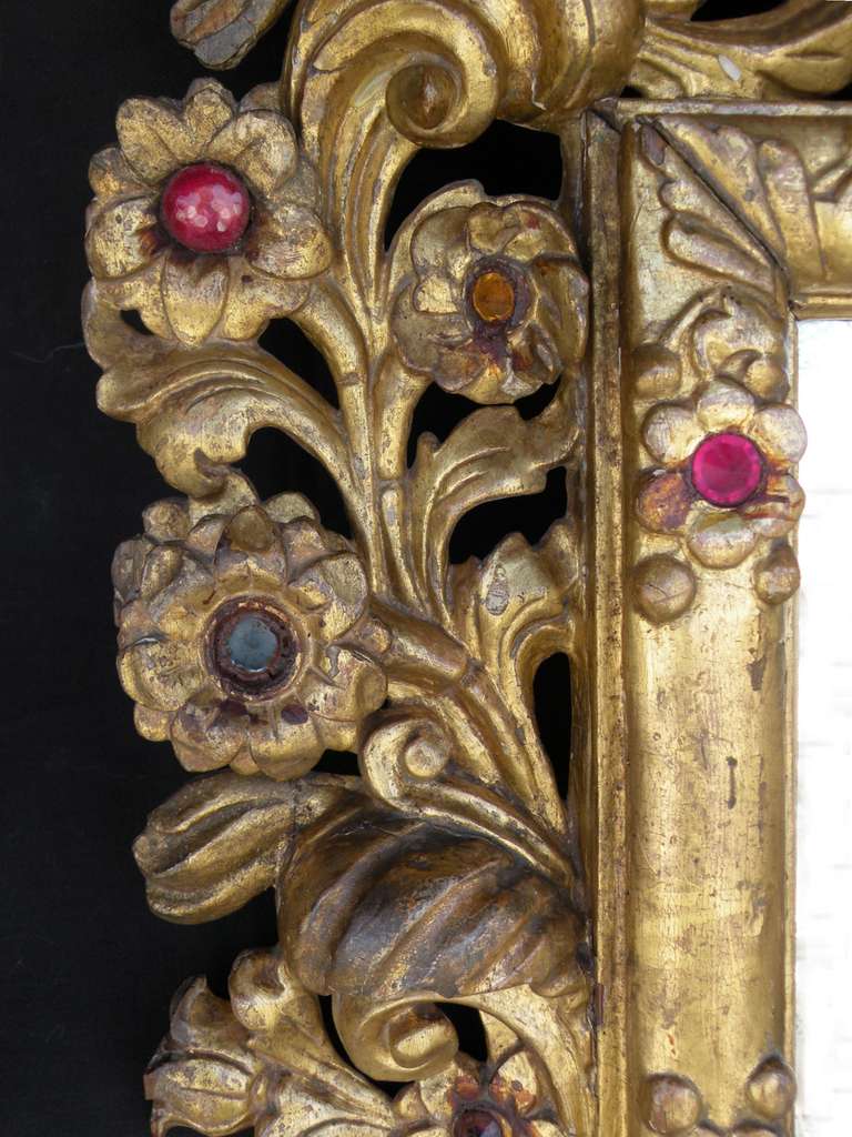 Glass Pair of Spanish Colonial 18th century gilt and jeweled Mirrors