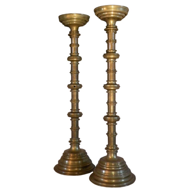 Pair of 19th Century Medieval Style Monumental Brass Candelabra For Sale