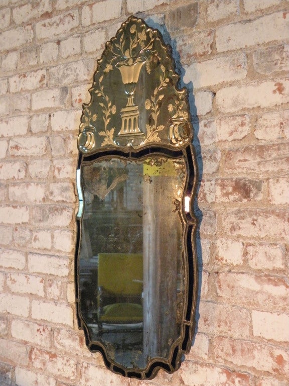 Etched 18th century Swedish etched Glass Mirror with Blue Edge For Sale