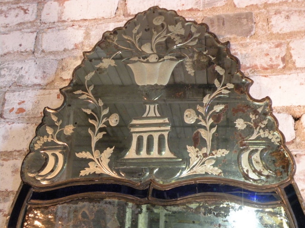 18th Century and Earlier 18th century Swedish etched Glass Mirror with Blue Edge For Sale