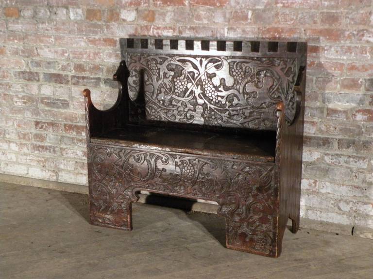Unique, decorative, charming bench, front and back panels with intricate and whimsical “flachschnitz” decoration, plain sides, 
lift top seat to reveal storage space.
A very rare example in extraordinary good condition.

