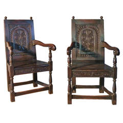 Antique Pair of Early English Oak Wainscot Chairs