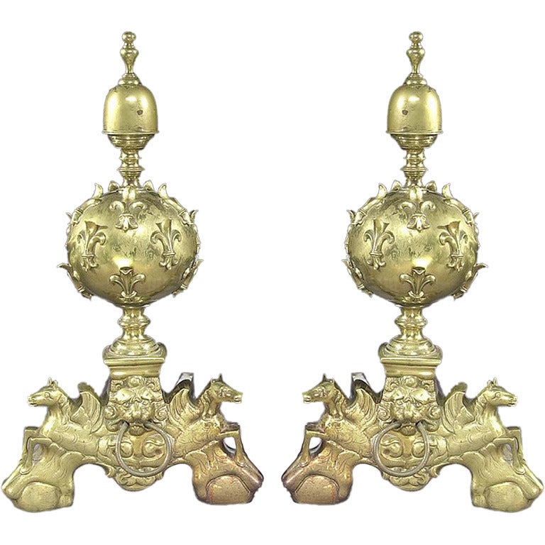 Large Pair of French late century Louis XIV Gilt Bronze Andirons For Sale