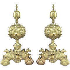 Large Pair of French late century Louis XIV Gilt Bronze Andirons