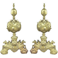 Large Pair of French late century Louis XIV Gilt Bronze Andirons 9