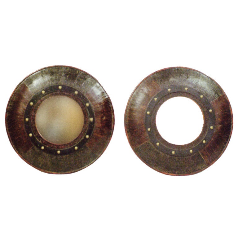 Pair of 20th Century Exotic Wood, Hammered Brass and Leather Round Mirrors For Sale