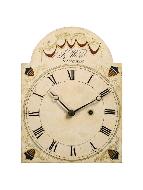 In pristine condition and beautifully proportioned, this remarkable survivor retains its original grain painted surface, brass hardware including finial, and painted dial with Roman numerals with fabulous polychrome painted American shields