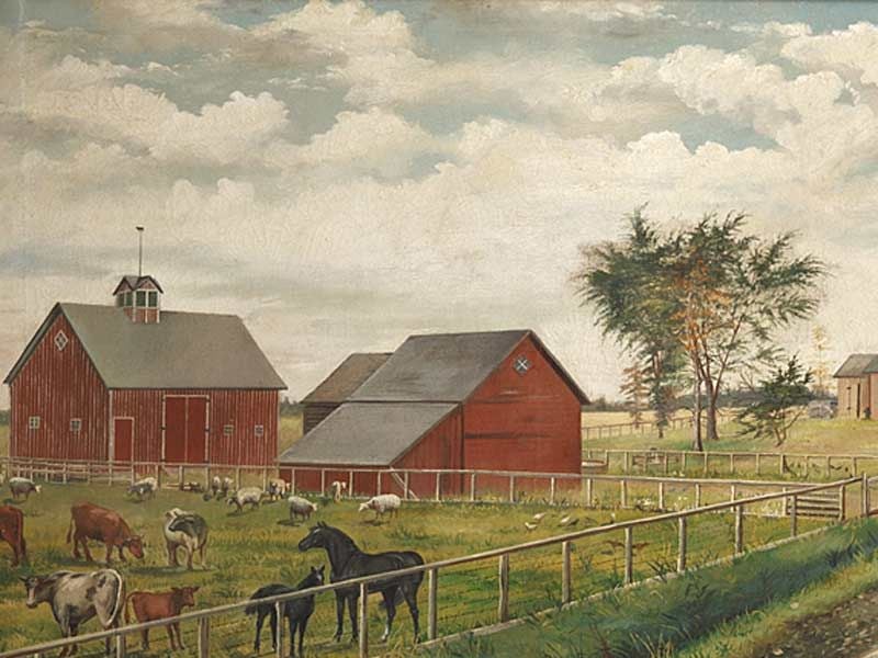 Painting Probably from Waupaca County, Wisconsin, circa 1871<br />
Oil paint on canvas, with original stretchers, 30 x 48 inches, with a period red painted frame Signed lower right: “L. E. MONTY”<br />
Inscribed on back of stretcher “Painted