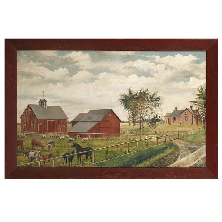 19th Century Farmscape Painting, oil on canvas For Sale
