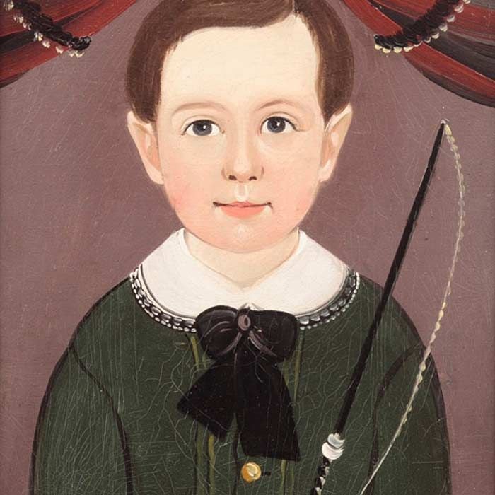 Portrait of a little boy wearing a green jacket holding a whip<br />
New England, circa 1845<br />
<br />
<br />
Provenance:<br />
New Hampshire Auction, Northeast Auctions on site in Manchester, NH, August 7-8, 1993, lot 549,<br />
Wayne