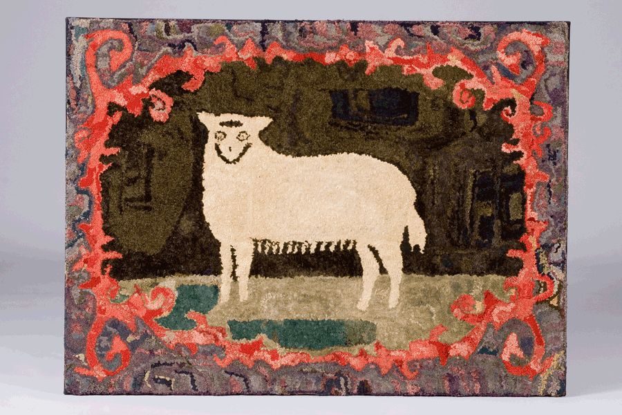 This rug has many elements associated with early New England rugs including: a variegated outer border, scrollwork inner border, and an abstract ground in a center oval. The fringe represents wool, and the tail shows a unique fork at the end and the