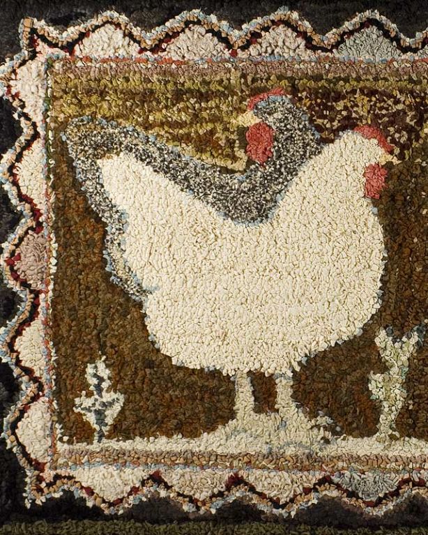 Large 19th Century wool hooked rug, double border frames the rooster and two hens face to face out in the farmyard. This is a great country rug in excellent condition and mounted for display.