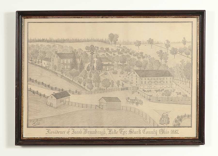 Ferdinand A. Brader was an itinerant artist and known for his large detailed pencil drawings of farms and other dwellings in Pennsylvania and Ohio during the third quarter of the 19th Century. He was born in Switzerland in 1833 and migrated to the