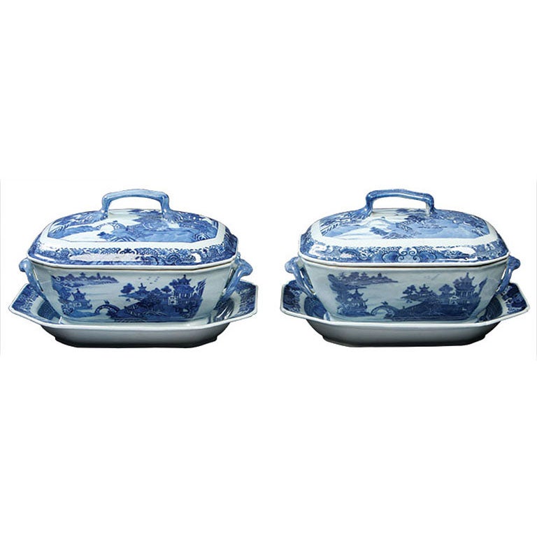 Rare Pair Of Chinese Blue And White Export Tureens For Sale