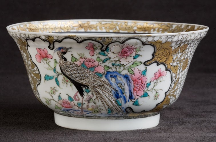 Chinese Eggshell Porcelain Rose Verte Enamelled Bowl, Depicting a Peacock and Tree Peonies and Rockwork, Highlighted with Gold Flowers and Matrix