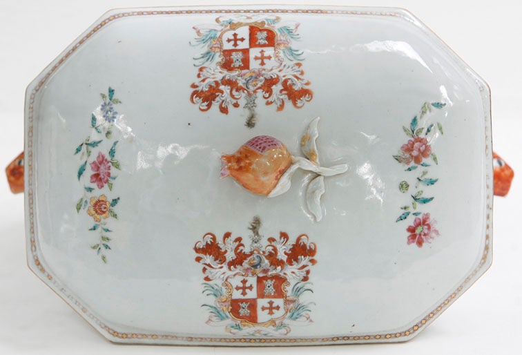 Rectangular Tureen and Cover with Rabbit Head Handles and a Pomegranete Knop.  The Arms, possibly, of Collier, see CHINESE ARMORIAL PORCELAIN - D.S. Howard, Page 545