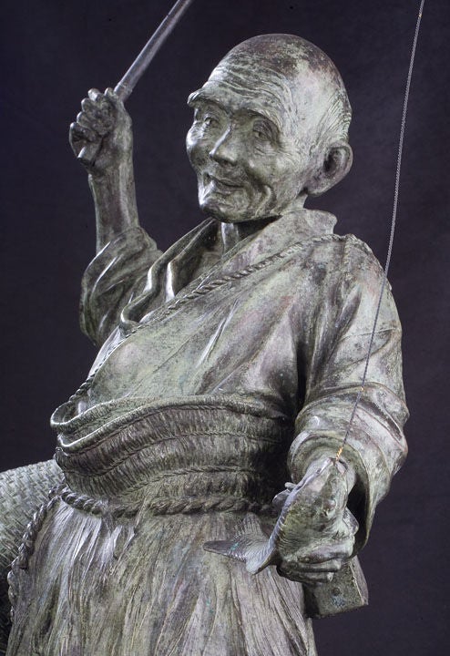 Large Japanese Cast Bronze Figure of a Fisherman For Sale 5