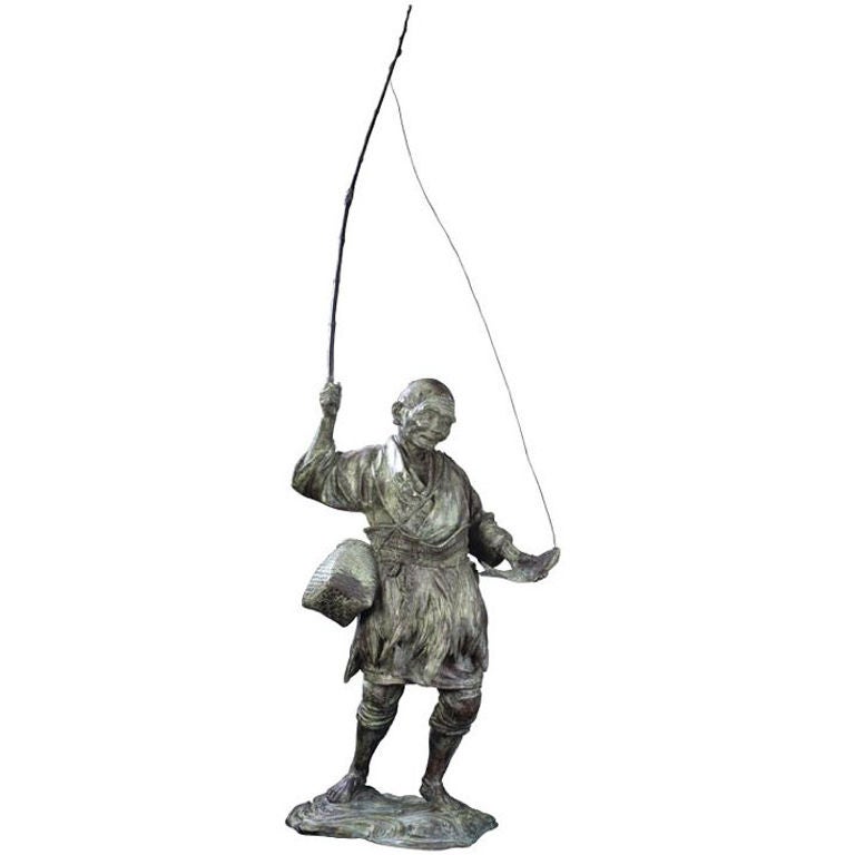 Large Japanese Cast Bronze Figure of a Fisherman For Sale