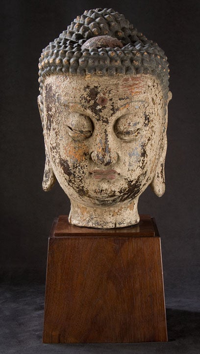 Fine Chinese Lacquered Carved Wood Head of the Buddha