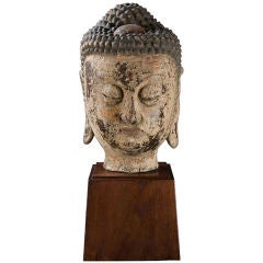 Fine Chinese Lacquered Carved Wood Head of the Buddha