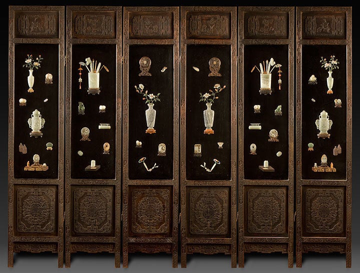 Chinese Six-Panel Jade and Hardstone Embellished Screen