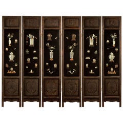 Chinese Six-Panel Jade and Hardstone Embellished Screen
