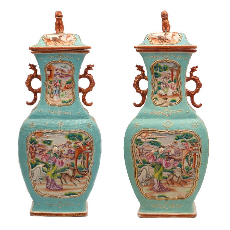 Fine Pair of Chinese Export 'Mandarin Palette'  Covered Vases For Sale